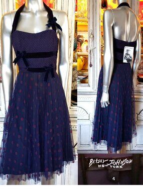 Vintage Betsey Johnson New York 90s Mesh Lace Velvet Polka Dot Milkmaid Dress S